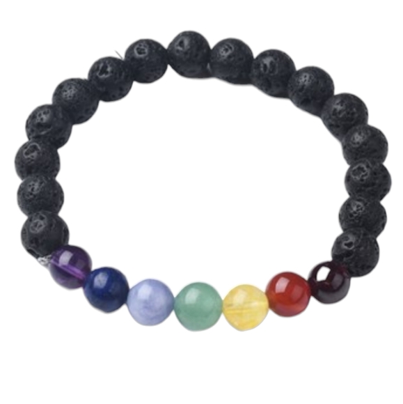 Chakra Natural Lava Rock Beaded Stretch Bracelets, with Gemstone Beads - Picture 1 of 9